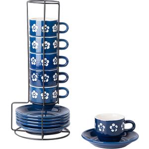 6-pieces Espresso Cups with Saucers and Metal Stand Stoneware Cup & Saucer Sets, Stackable espresso mugs, 4oz coffee cups set, Set of 6, Blue