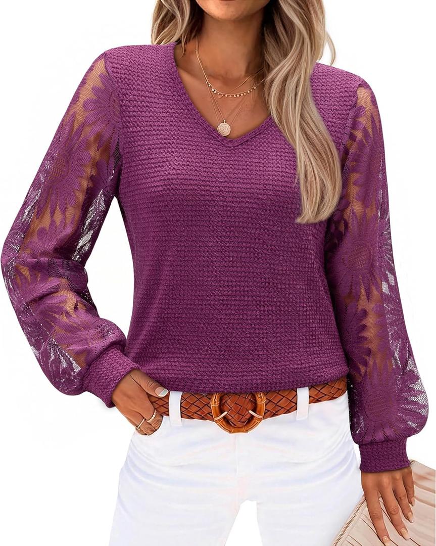 siliteelon Womens Blouses Long Sleeve Shirts V Neck Floral Lace Tops Elegant Business Casual Outfits (Medium, Purple)