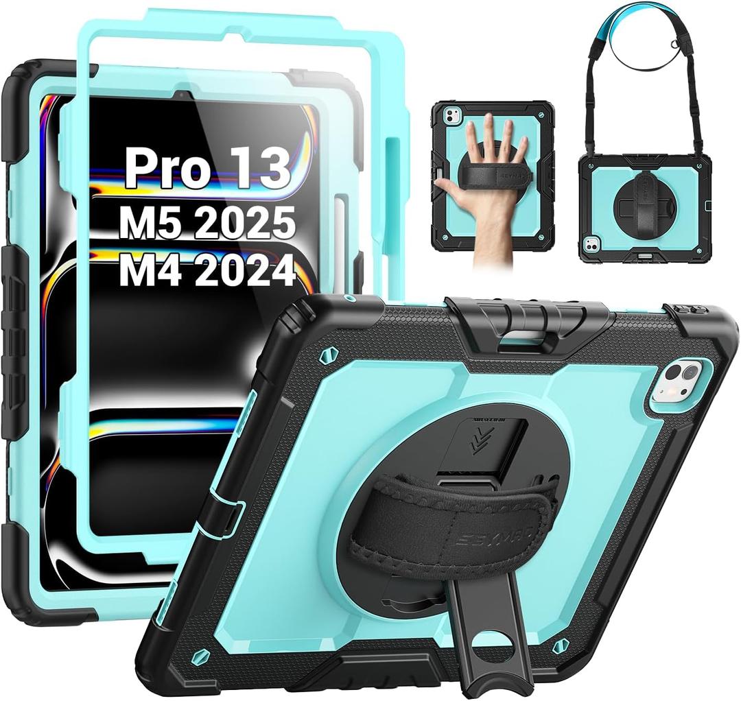 SEYMAC Case for iPad Pro 13 Inch M5 2025 / M4 2024, Heavy Duty Shockproof Protective Case with Screen Protector, 360 Rotating Stand, Hand/Shoulder Strap and Pen Holder, Light Blue (Black / Sky Blue)
