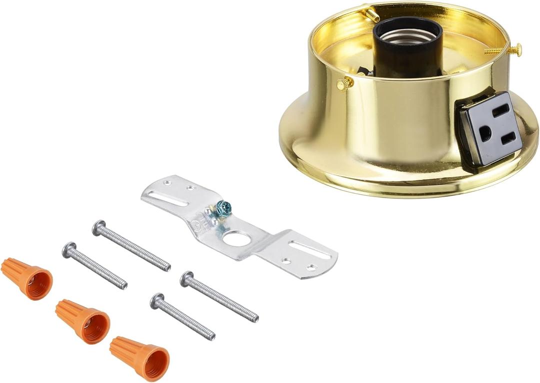 Aspen Creative 22103-06-1, Flush Mount Ceiling Fixture Shade Holder Kit with Outlet in Brushed Brass Finish 3-5/8" Fitter, 4-3/4" Diameter x 2" Height