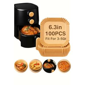 100 Pcs 6” Square Air Fryer Paper Liners, Disposable Unbleached Parchment for 2–4 QT Small Air Fryers and Ovens, Non-Stick & Greaseproof, Pure Virgin Wood Pulp, Heat Resistant 446°F