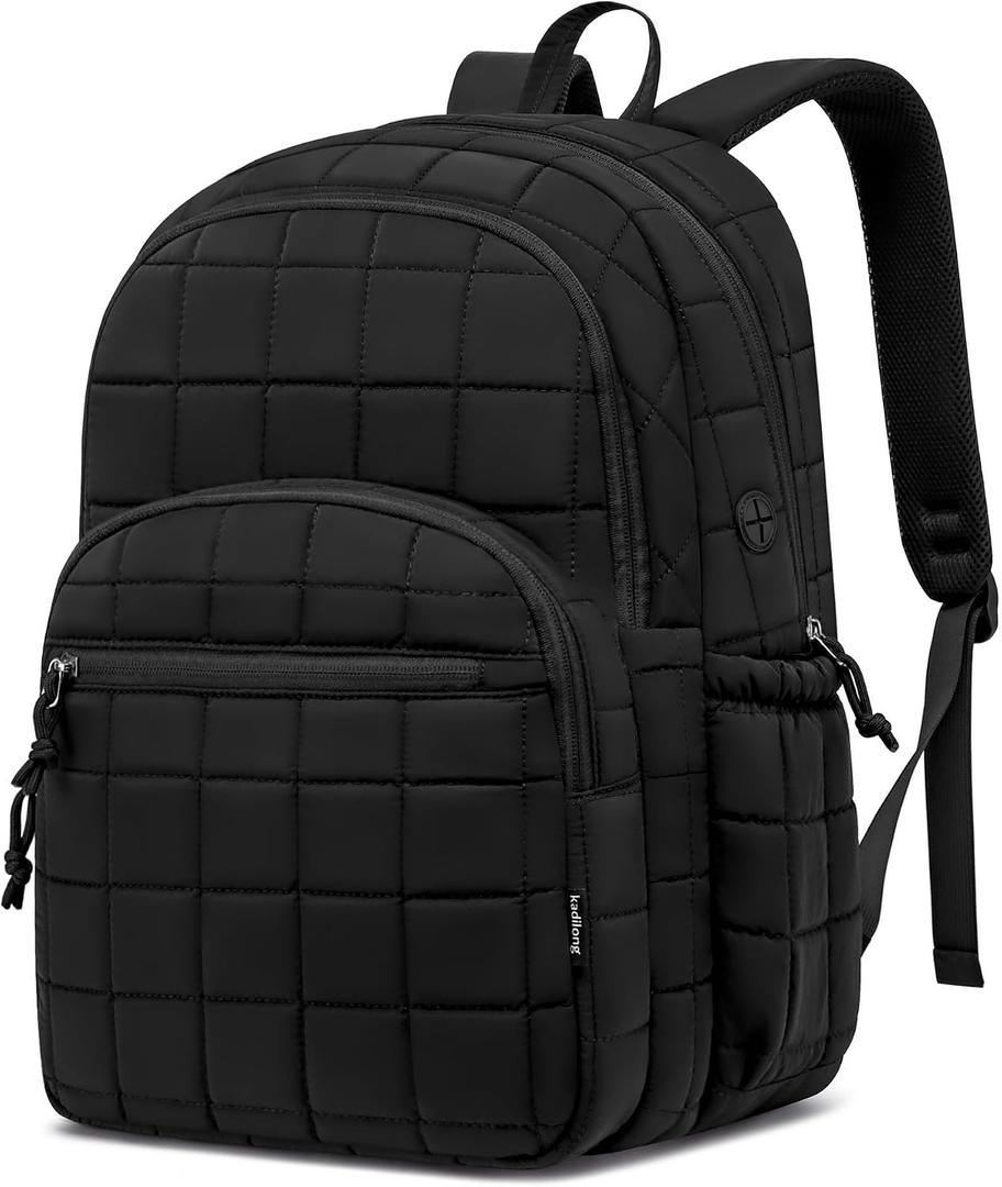 kadilong Laptop Backpack for Women College Travel,Quilted Daypack Bookbag for School Teen Girls Mochilas Mujer,Black