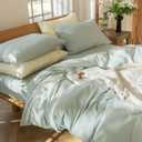 MooMee Bedding Duvet Cover Set 100% Washed Cotton Linen Like Textured Breathable Durable Soft Comfy (Heathered Sage Green, Super King Plus 120"x120")