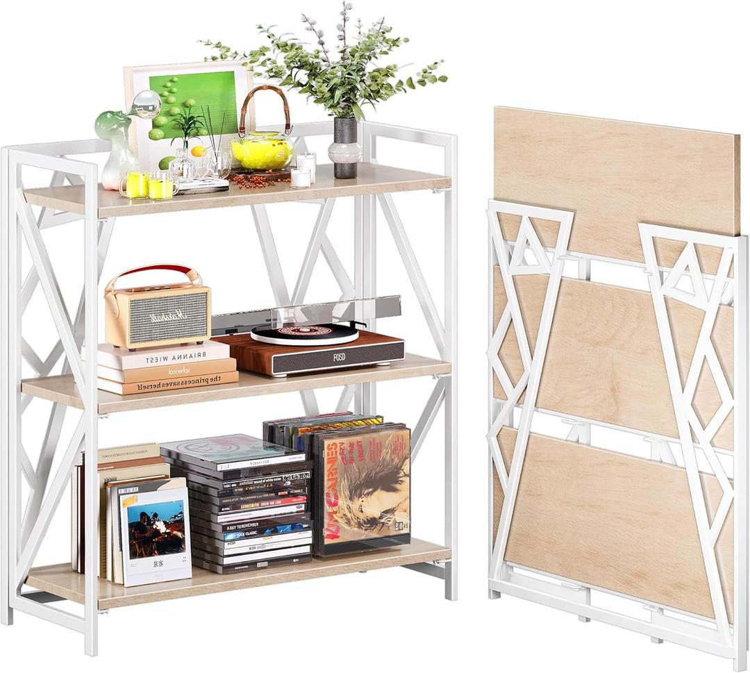 UDD No Assembly Wide Folding Bookshelf, 34" H x 30.9" W, 3 Tier Foldable Book Shelf Industrial Bookcase, Vintage Collapsible Storage Shelves for Home Office Living Room Bedroom, Light Oak White