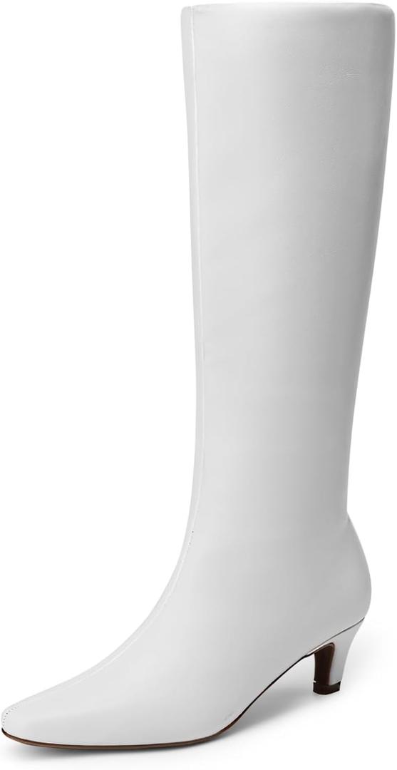 DREAM PAIRS Women Knee High Boots 2 Inch Kitten Heel Fashion Square Toe Wide Calf Long Boots (7, White)