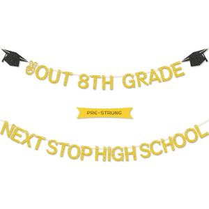 Peace Out 8th Grade Next Stop High School Banner, Congratulations Banner for Eighth Grade Graduation Party Decorations 2025, Gold