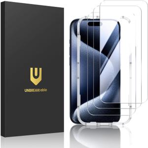 UNBREAKcable Shatterproof Tempered Glass Screen Protector for iPhone 15 Pro Max [3-Pack][Easy Installation Frame] [9H Hardness] [99.99% HD Clear] [Bubble Free] for Apple 6.7