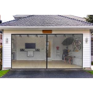 Elytsemoh Garage Screen Doors for 2-Car Garage, Fiberglass 2300g/ 5.1 Lb Heavy Duty Magnetic Door Screen, Hands-Free with 6 Roll Up Straps for Patio, Outdoor, Gym, Sun House Porch, Black, 16x7 Ft
