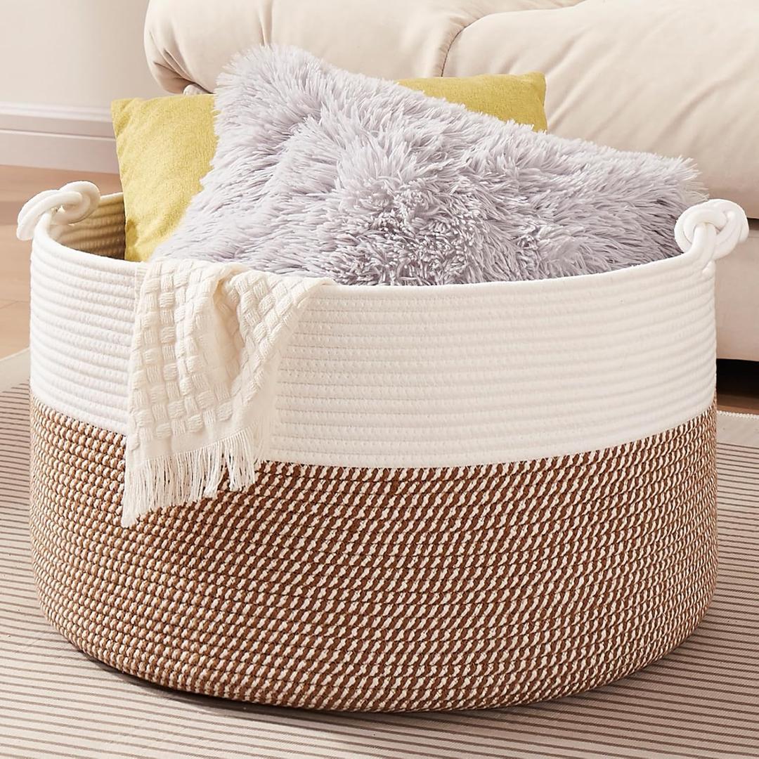 OIASKET Large Blanket Storage Basket for Living Room, 22.8" x 22.8" x 13" Woven Cotton Rope Basket with Handles, Baby Toy Storage, Laundry Hamper for Clothes, Pillows, Towels-Yellow and White (90L)