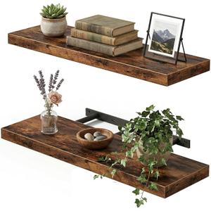 Fixwal Wood Floating Shelves for Wall, 22" Long Wall Mounted Shelves for Living Room, Bedroom, Bathroom and Kitchen, Wall Shelves for Storage, Books, Room Decor (Rustic Brown, Set of 2)
