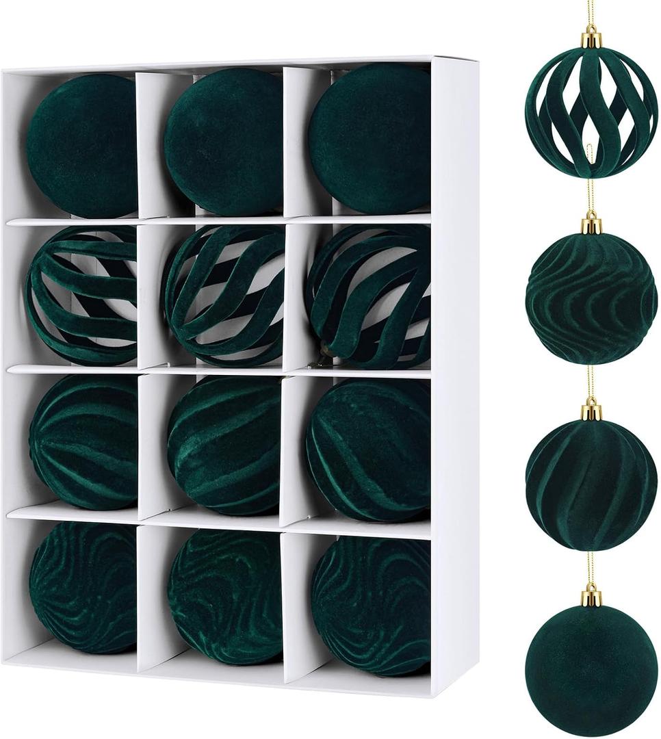 12Pcs 2.36in Velvet Christmas Tree Balls Ornaments Plastic Flocked Shatterproof Handmade Hanging Decoration Plush Balls Sets for Christmas (Green)