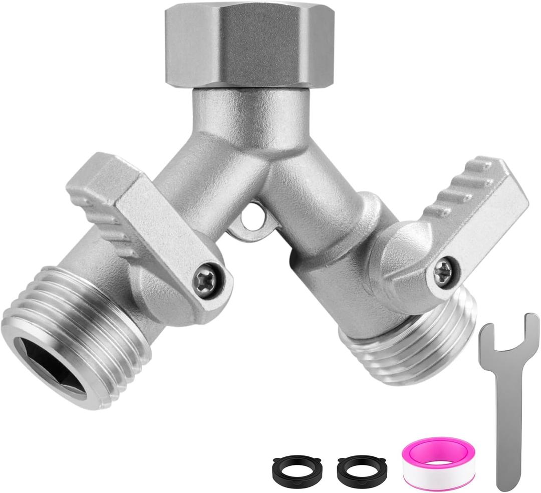 Garden Hose Splitter 2 Way Heavy Duty, 304 Stainless Steel 2Way Hose Splitter, 3/4 Inch Water Hose Splitter 2 Way, Full Flow Garden Hose Y Splitter(All Components are Stainless Steel)