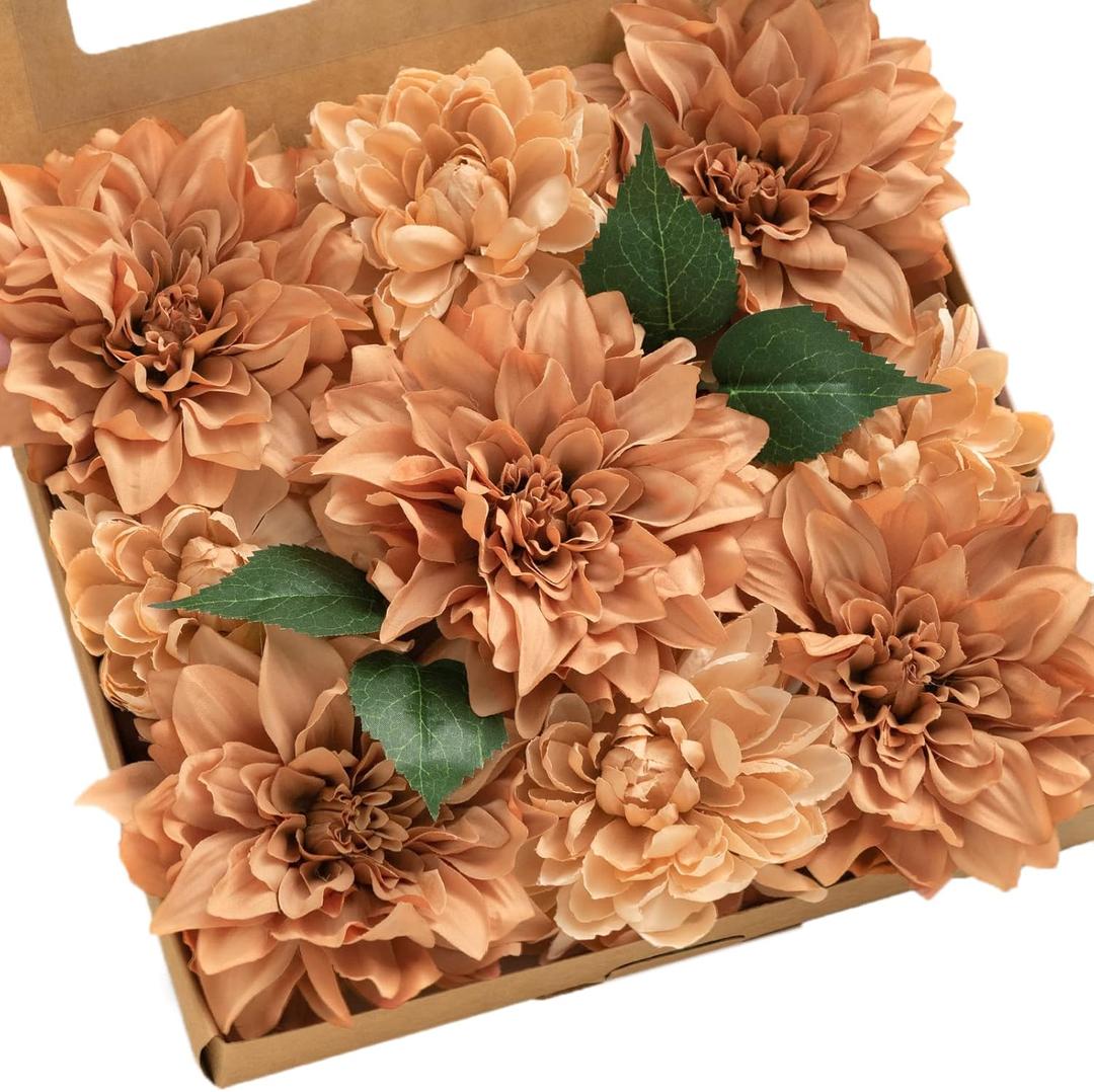 Ling's moment Artificial Flowers 9pcs Silk Dahlia 5.5"/4.5" Fake Flowers for DIY Wedding Craft Bouquets Centerpieces Arrangements Party Baby Shower Home Decorations (Sunset Terracotta)