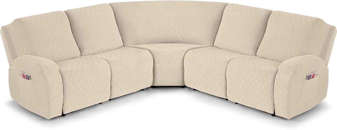 VANSOFY Extra Large Reclining Sectional Couch Covers, Washable 5-Piece Sofa Covers for L Shape Sectional Sofa Corner Seater, Thick, Soft Sofa Slipcovers (5 Seat Recliner Cover, Cream)