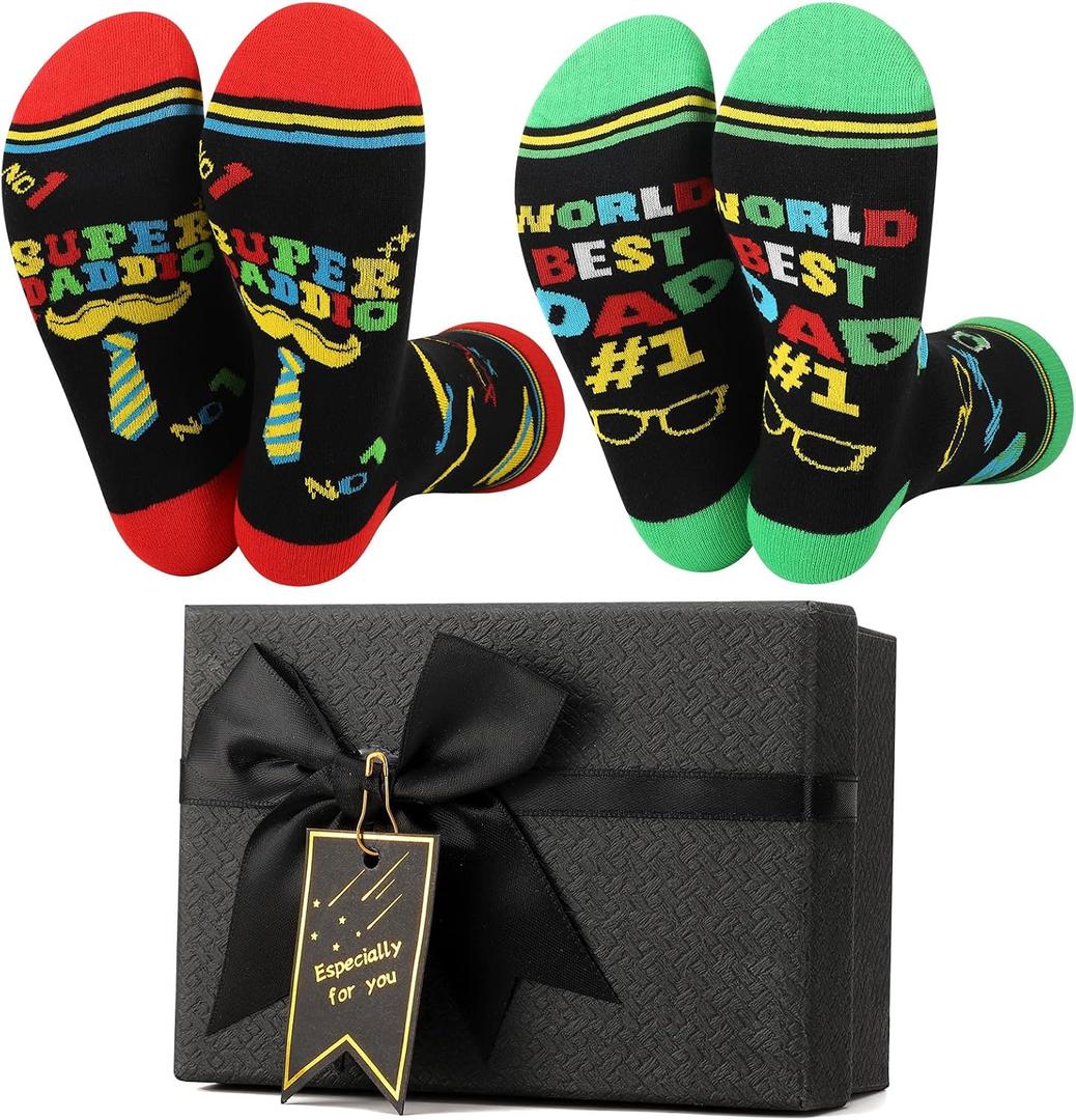 2 Pair Funny Best Dad Novelty Crew Socks With Gift Box | Vibrant Super Dad Graphic Printed Cotton Socks Thoughtful Present Choice for Fathers Day Birthday