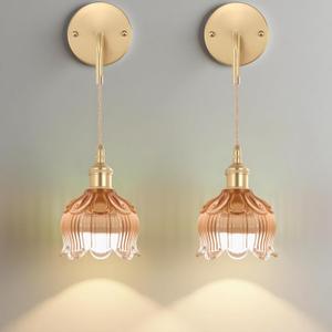Battery Operated Wall Sconces CCT Dimmable Wireless Sconces Set of 2, Vintage Light Fixture with Amber Flower Glass Lampshade Wall Decor Set of 2 for Living Room Bedroom Bedside Bathroom
