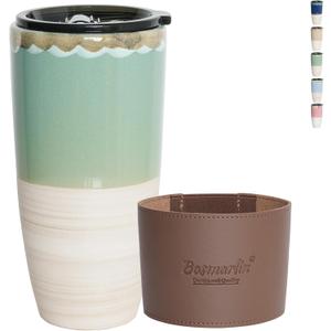 Bosmarlin Ceramic Travel Coffee Cup with Lid, 21 oz, Portable Coffee Mug for Car Cup Holder, Microwave and Dishwasher Safe, Reactive Glaze (Green)