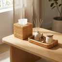 Teenyyou 2 Pcs Rattan Toilet Vanity Tray & Square Tissue Box Cover Set, Handwoven Natural Wicker Countertop Organizer, Decorative Storage for Bathroom, Bedroom, Kitchen & Office(Natural Color)