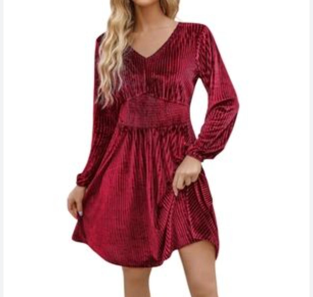 Zeagoo Womens Velvet Dress Sexy V-neck Long Sleeve Stretch Mini Party Cocktail Flared Dress Size Medium, Red 