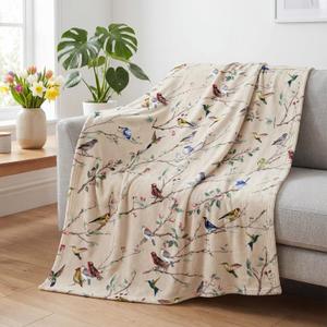Horaldaily Spring Summer Flannel Blanket Throw, Birds Branch Biege Floral Soft Fuzzy Plush Cozy Fleece Blankets for Couch Sofa Bed Lounging, Ideal Gifts for Kids Adults Self, 50x60 (Beige)