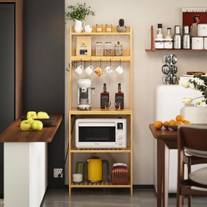 Trironsun Bamboo Bakers Rack with Charging Station 5-Tier Microwave Stand with Open Storage Shelves with 10 S-Shaped Hooks Coffee Bar Table Kitchen Utility Storage Shelf (Nature)