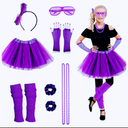 Joizomou Girls 80s Outfit Costume Accessories 7pcs 70s 1980s 90s Costumes with Purple Sparkle Tutu Neon Leg Warmers 80s Neon Scrunchies Gloves Necklace Glass for Cosplay Theme Party