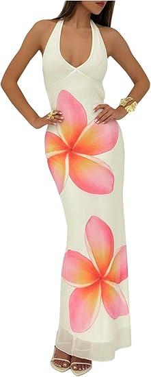 Milumia Women's Floral Print Deep V Neck Halter Dress Tie Backless Mesh Bodycon Maxi Skirts, Large