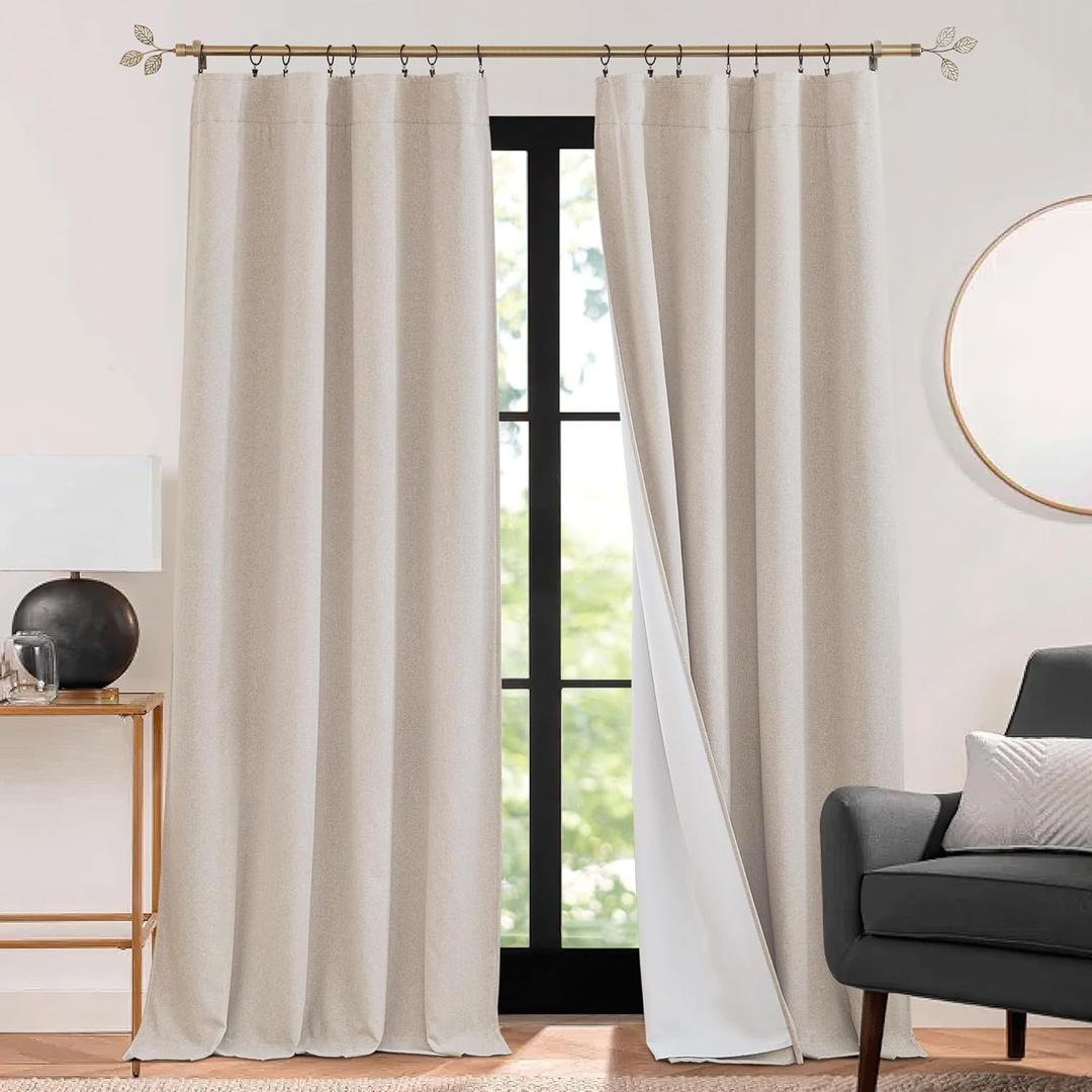RYB HOME 3 in 1 Soundproof - Blackout - Insulation Linen Curtains, Noise Blocker Energy Saving Curtains for Bedroom Living Room Kids Nursery Studio Home Office, Taupe, W52 x L84 in, 2 Panels