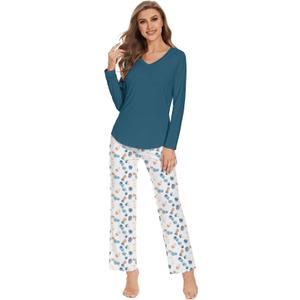 WiWi Pajamas for Women Long Sleeve Set Soft Casual Pj Cooling Viscose from Bamboo 2 Piece Lounge Sets with Pockets S-XXL, White/ Green Dots, XX-Large