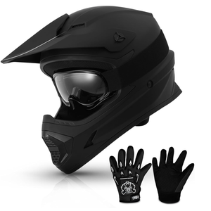 TCMT Dot Youth & Kids Motocross Offroad Street Helmet Full Face Motorcycle Youth ATV Helmet Dirt Bike Motocross ATV Helmet+Gloves+Goggles (Mystery Black, XL)