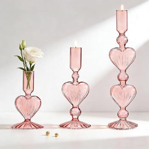3 Pcs Pink Candle Holder - Heart Shaped Glass Taper Candlestick Holders Set, Valentines Day Decor for Wedding Festival Party Table Centerpiece, Pink Vase Candle Sticks Holder Decor