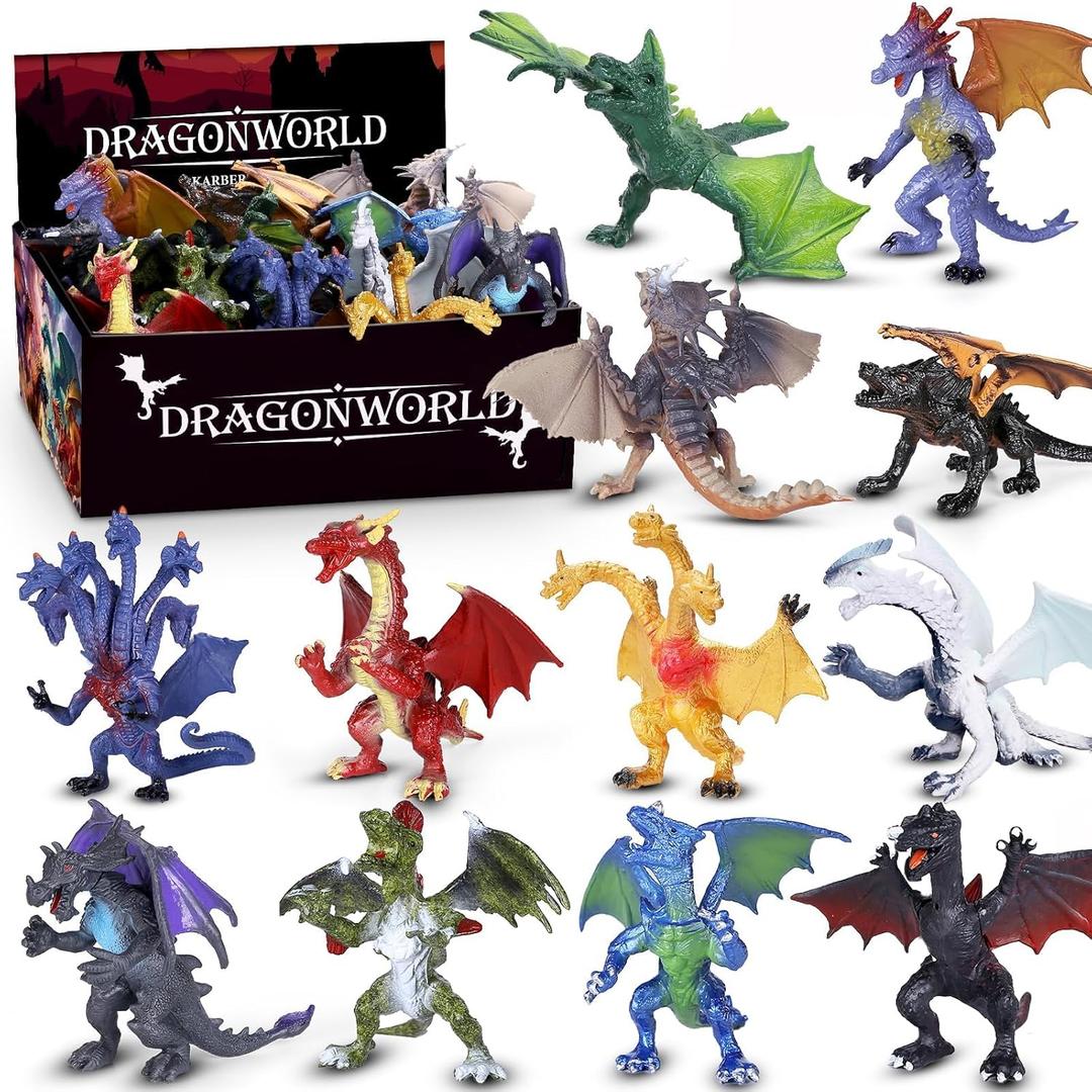 12 Pcs Dragon Toy Set with Gift Box, 4 Inch Realistic Mini Dragon Figures for Kids 3-5, 5-7, Party Favors, Birthday Decorations, Cake Toppers, Collectible Figurines for Boys Girls