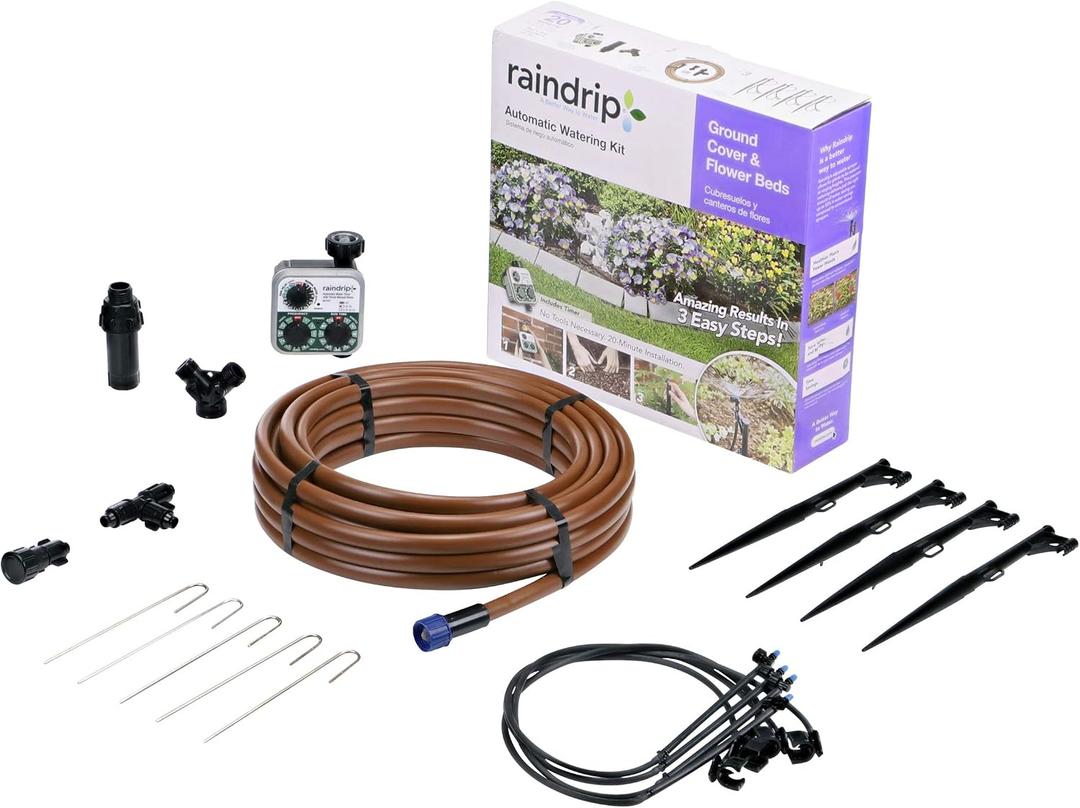 Raindrip SDGCBHP Automatic Drip Irrigation Watering Kit with Timer for Ground Cover & Flower Beds, Waters up to 200 Sq. ft, Timer with Customizable Settings & 13 GPH Half-Circle Adjustable Sprayers, Black;Galvanized Steel;Brown, No Size