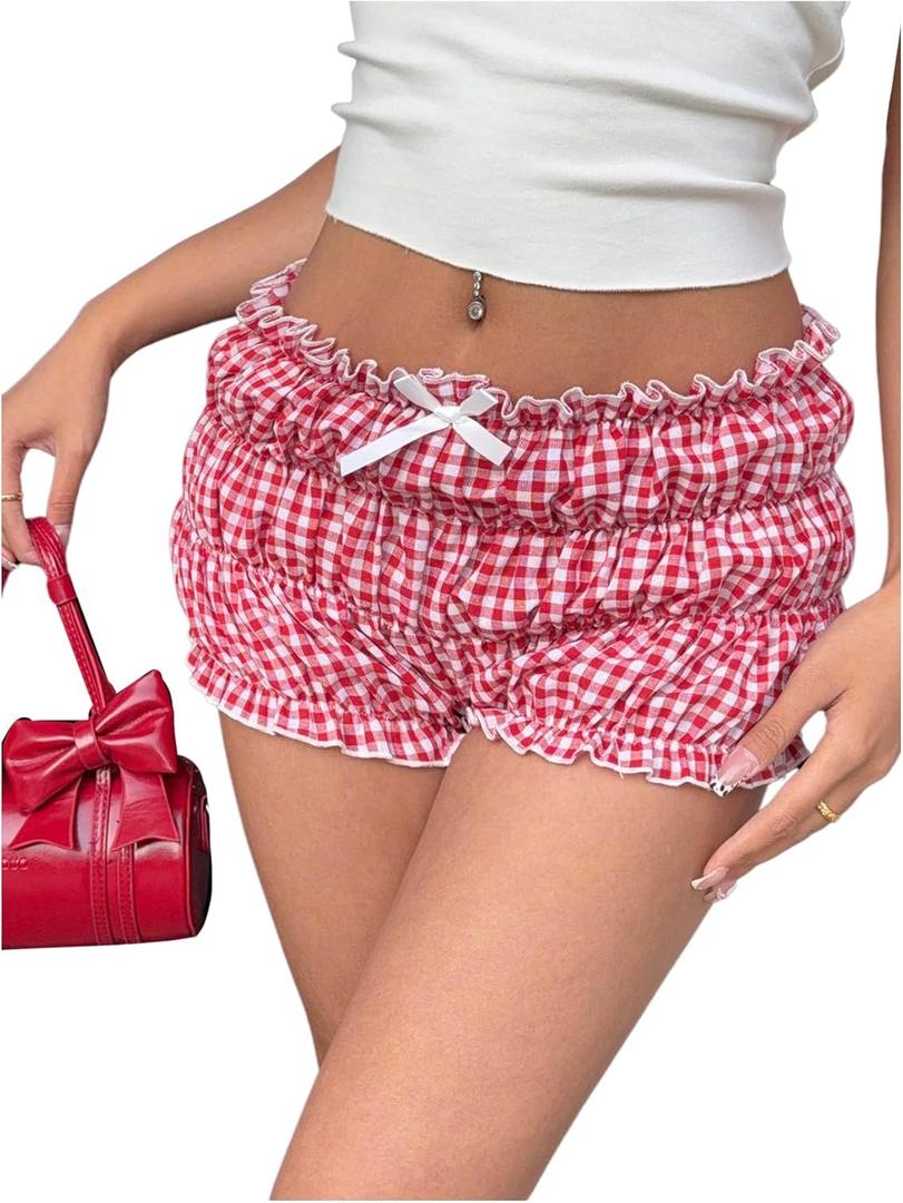 Verdusa Women's Y2K Gingham Plaid Bloomers Summer Tiered Mini Ruffle Shorts (Red, XS)