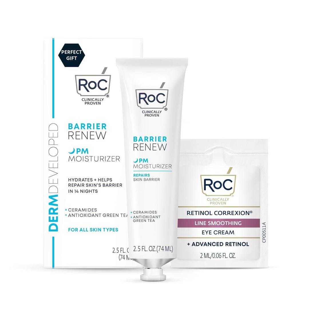 RoC Barrier Renew Night Moisturizer with Ceramides & Antioxidant Green Tea and Lipo Peptides to Renew Skin Barrier, (2.5 oz) with Retinol Eye Cream Packette