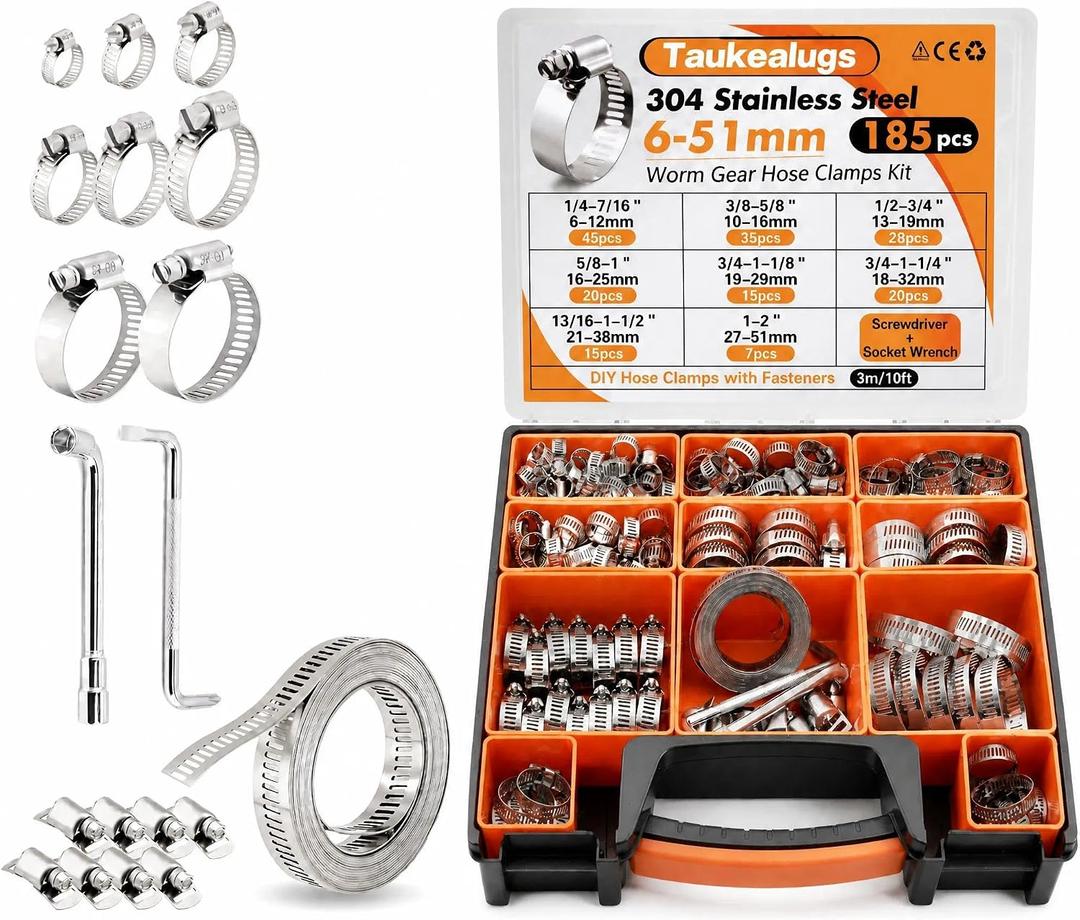 185 Pcs 304 Stainless Steel Hose Clamps, Metal Strap & Strong Fasteners Set