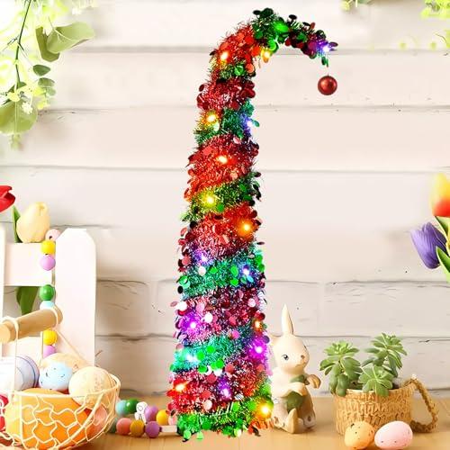 Easter Tree Decorations 5ft Red Pop Up Christmas Tree with 50 Colorful LED Light 1 Red Eggs Ornaments, Pre-lit Collapsible Tinsel Pine Christmas Tree for Indoor Easter Decor Party Home Outdoor Office