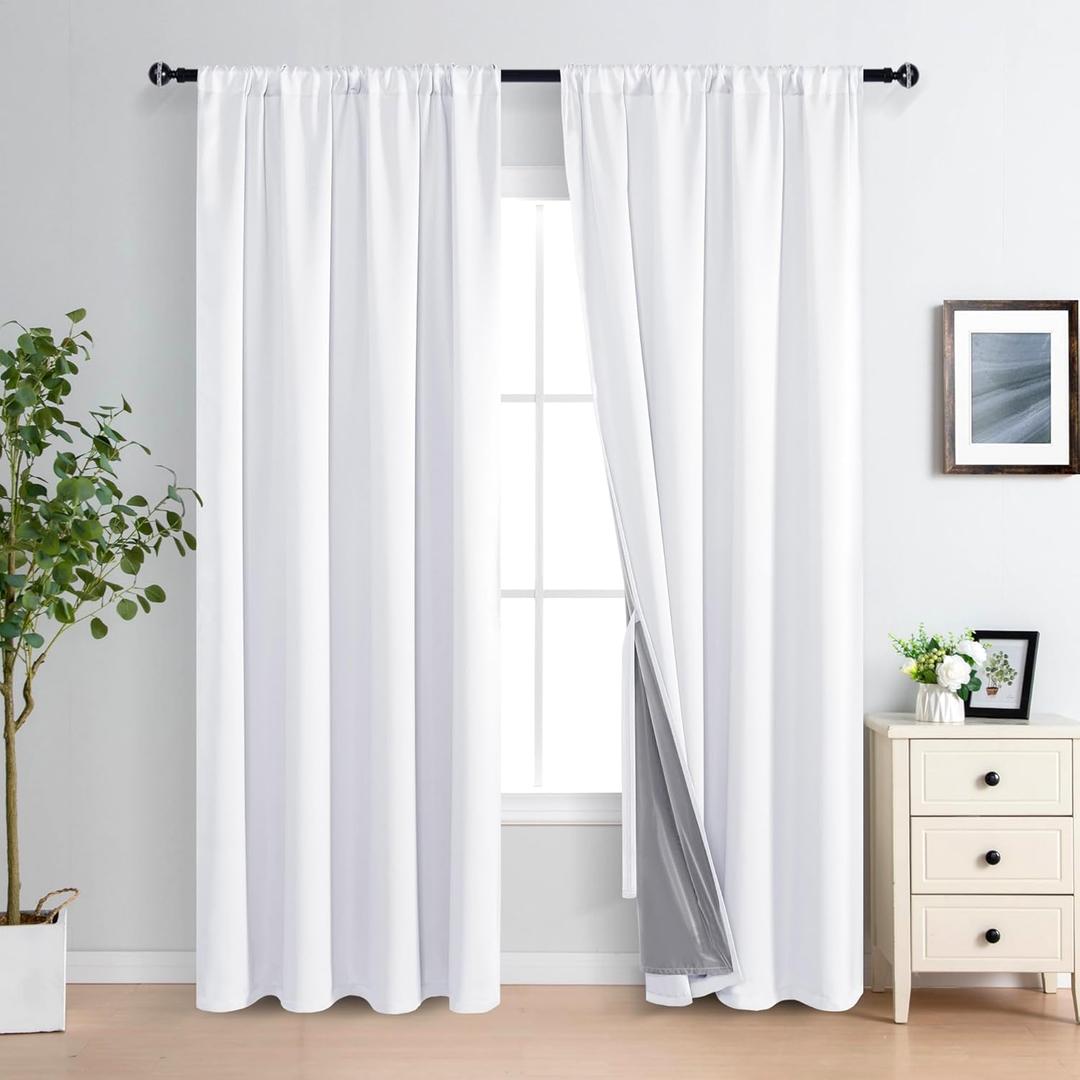 XWZO 100% Blackout Curtains 2 Panels with Tiebacks- Heat and Full Light Blocking Window Treatment with Black Liner for Bedroom/Nursery, Rod PocketWhite, W52 x L84 Inches Long, Set of 2