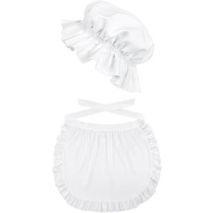 Newcotte 2 Pieces Women Colonial Costume Accessory Set Include White Mob Cap Bonnet Cotton Half Apron for Maid Girl Cosplay