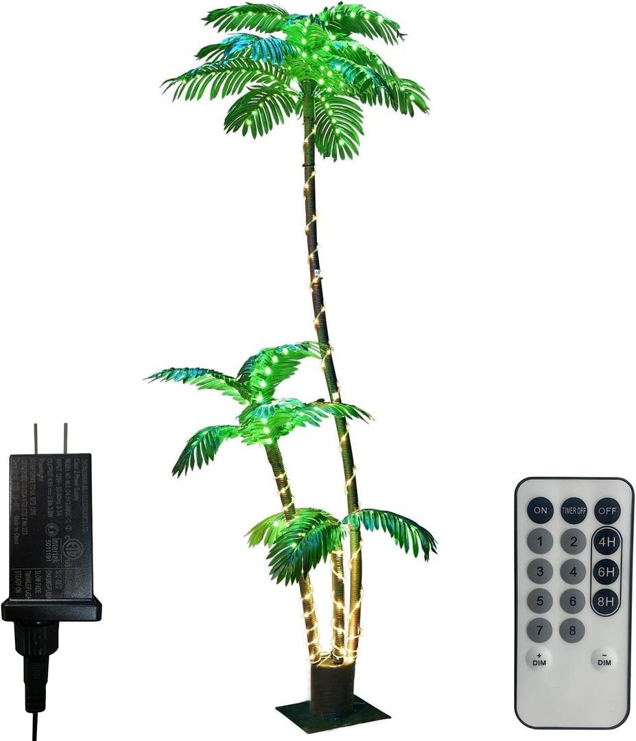 Artificial Palm Tree Christmas Tree 7Ft 3Trunks 260LED Lighted Simulation Tropical Palm Tree Fake Plant Light for Patio Home Office Beach Yard Cruise Hawaiian Party Tiki Bar Decorations - Electric
