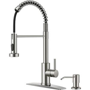 FORIOUS Kitchen Faucet with Soap Dispenser, Brushed Nickel Stainless Steel Spring Sink Faucet with Pull Down Sprayer Transitional Single Handle for Pot Filler, Farmhouse Camper Bar Laundry Room