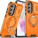 for Samsung S25 FE Case with Slide Camera Cover and Rotating Kickstand Ring, Slim Magnetic Shockproof Accessories Phone Case for Samsung Galaxy S25 FE (Orange)