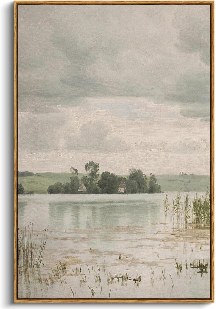 InSimSea Framed Canvas Prints Art Vintage Decor, Countryside Lakeside Landscape Paintings, Large Prints, Retro Hanging Wall Decorations for Bathroom Bedroom Living Room, 24"x36"