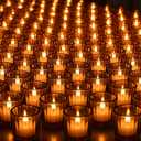 Mumufy 50 Pcs Glass Tealight Candle Holder Ribbed Votive Candle Holder for Centerpiece Wedding Proposal Spa Aromatherapy Meditation Home Decor (Amber)