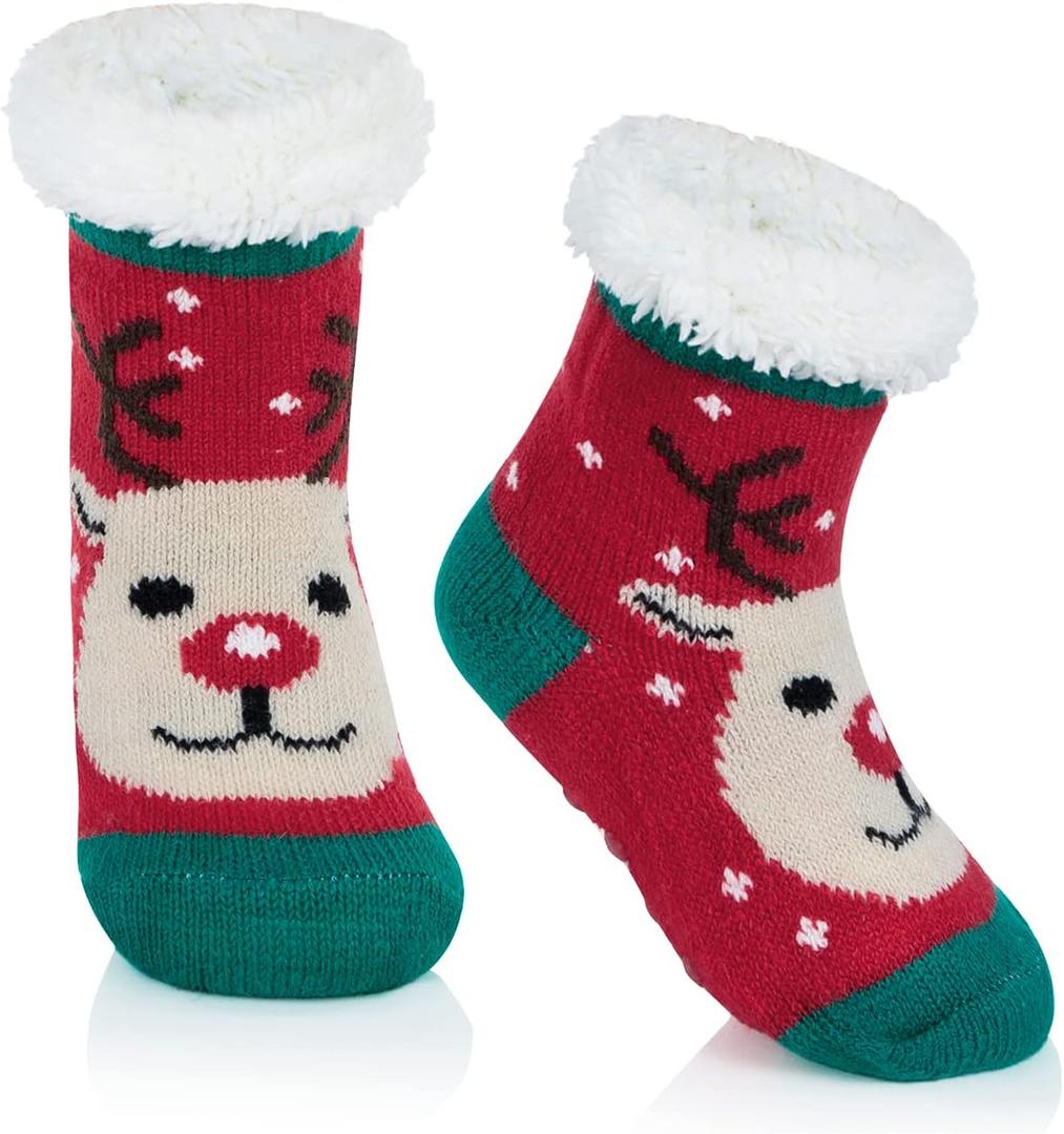American Trends Baby Slipper Socks Christmas Toddler Fuzzy Socks Warm Fleece Non Skid Winter Socks (0-6 Months, Red Deer)