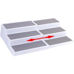 Oizeir 3Tier Expandable Plastic Spice Rack - Adjustable Length, Stability with Non-Skid Shelf, Three Tiers for Easy Visibility, Organizer for Kitchen Cabinet, Pantry or Countertop, White/Grey (1-Pack)