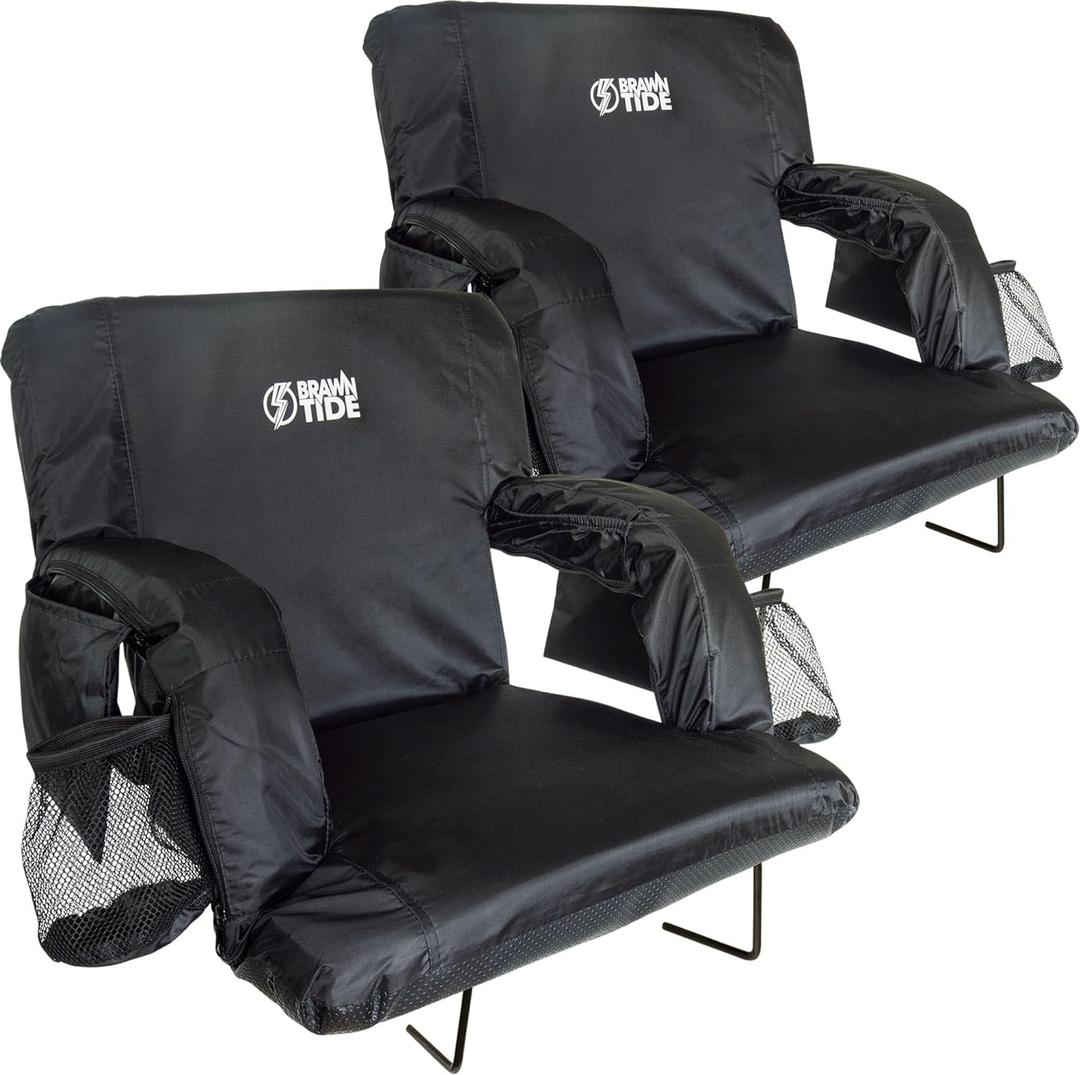 BRAWNTIDE Stadium Seat with Back Support - Comfy Cushion, Thick Padding, 2 Steel Bleacher Hooks, 4 Pockets, 2 Cup Holders, Reclining Back, Ideal Chair for Sport Events, Beaches, Camping, Concerts (Regular - Width 20.5 Inches, Black, 2 Pack)