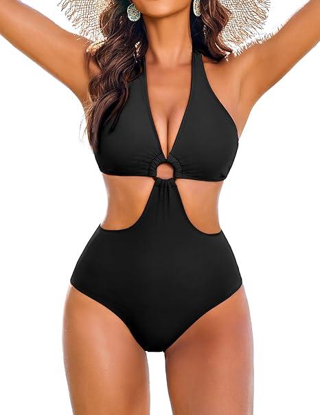 AI'MAGE Women's One Piece Swimsuits Tummy Control O Ring Cutout High Waisted Bathing Suit Tie Back Swimwear, Large