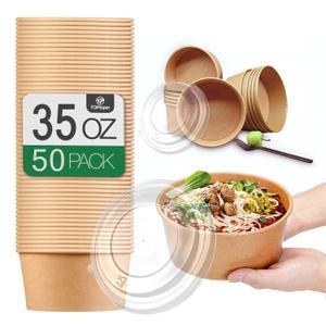 50 Pack 35 Oz Large Paper Bowls with Lids, Heavy Duty Paper Bowls for Party, Disposable Bowls Bulk Leakproof and Microwave Safe for Hot/Cold Use (35 OZ)