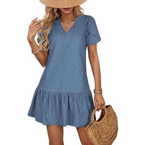 Dokotoo Denim Dress for Women Spring Summer Short Sleeve V Neck Ruffle Hem Casual Lightweight Swing Babydoll Mini Dresses, Large